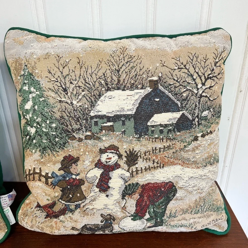 Riverdale Made In USA Cream and Green Holiday Pillows with Snowy Scene